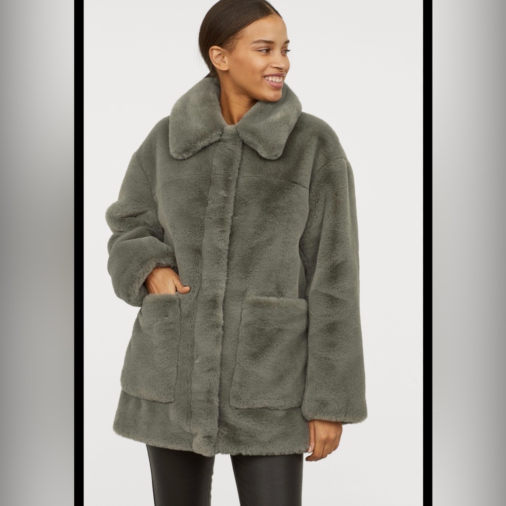 Grey-green faux fur coat from H&M.